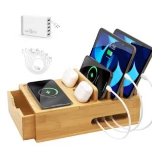 Bamboo Charging Organizer with Drawer for Multi Device